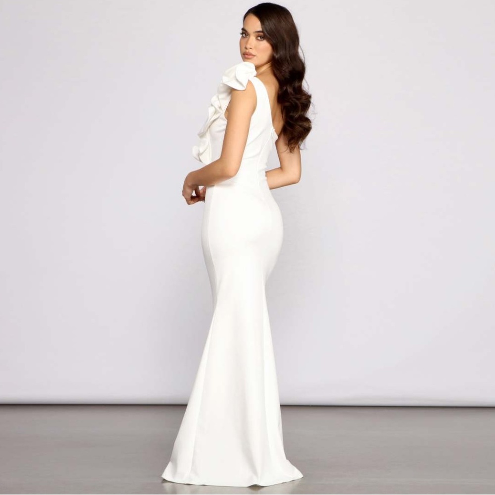 Windsor One-Shoulder White Ruffled Prom Gown - Picture 2 of 8